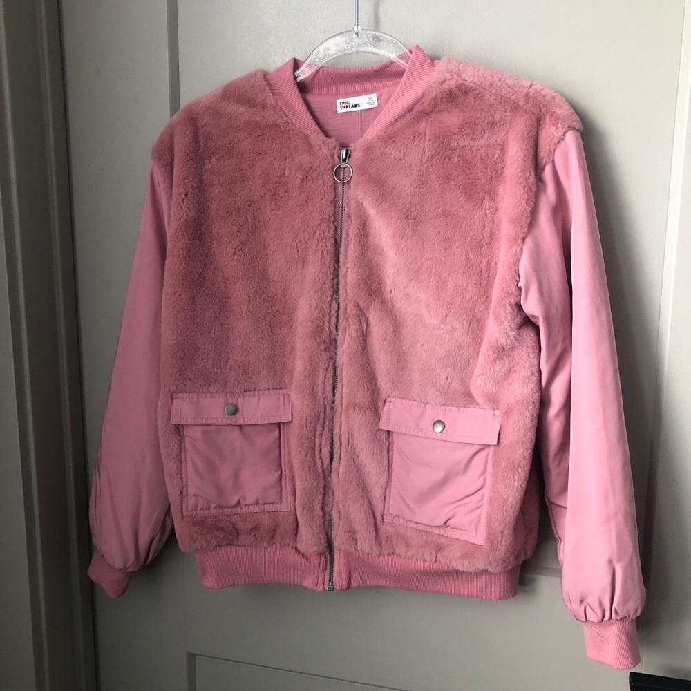 Girls' Pink Faux Fur Bomber Jacket - Epic Threads